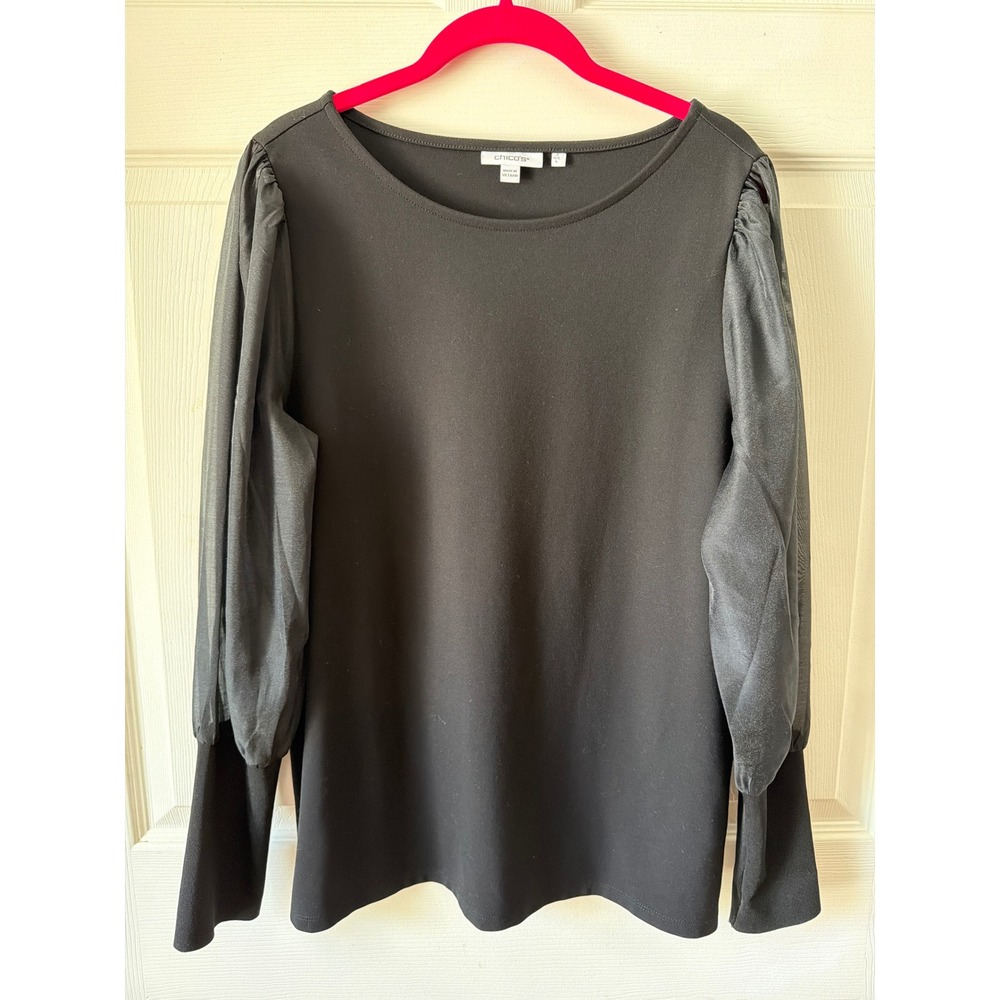 Chico's Sheer Puff Sleeve Top L Black Knit Crew Neck Dressy Blouse